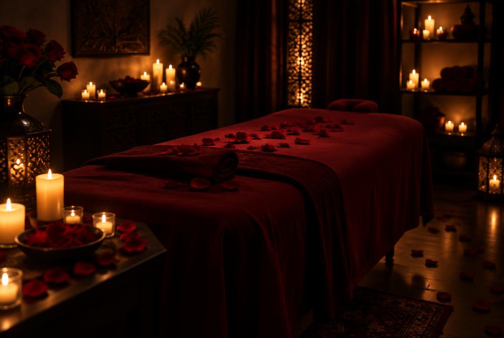 Ambiente preparado com velas e pétalas de rosa